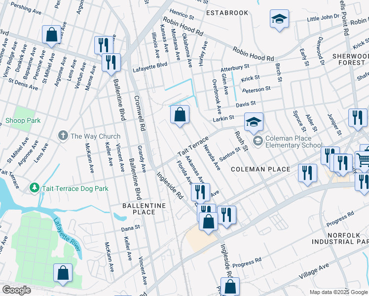 map of restaurants, bars, coffee shops, grocery stores, and more near 3400 Tait Terrace in Norfolk