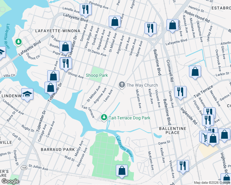 map of restaurants, bars, coffee shops, grocery stores, and more near 2628 Shoop Avenue in Norfolk