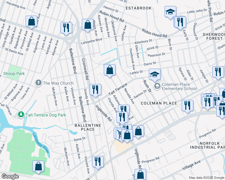 map of restaurants, bars, coffee shops, grocery stores, and more near 3400 Tait Terrace in Norfolk