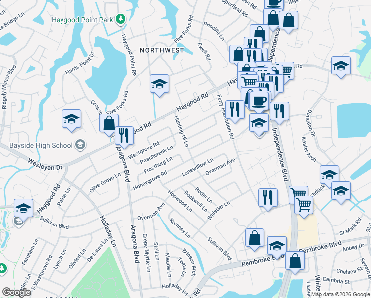 map of restaurants, bars, coffee shops, grocery stores, and more near 4757 Deerfield Lane in Virginia Beach