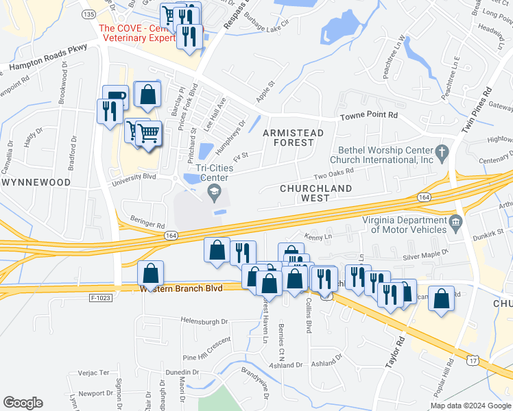 map of restaurants, bars, coffee shops, grocery stores, and more near 3956 Old Farm Road in Portsmouth