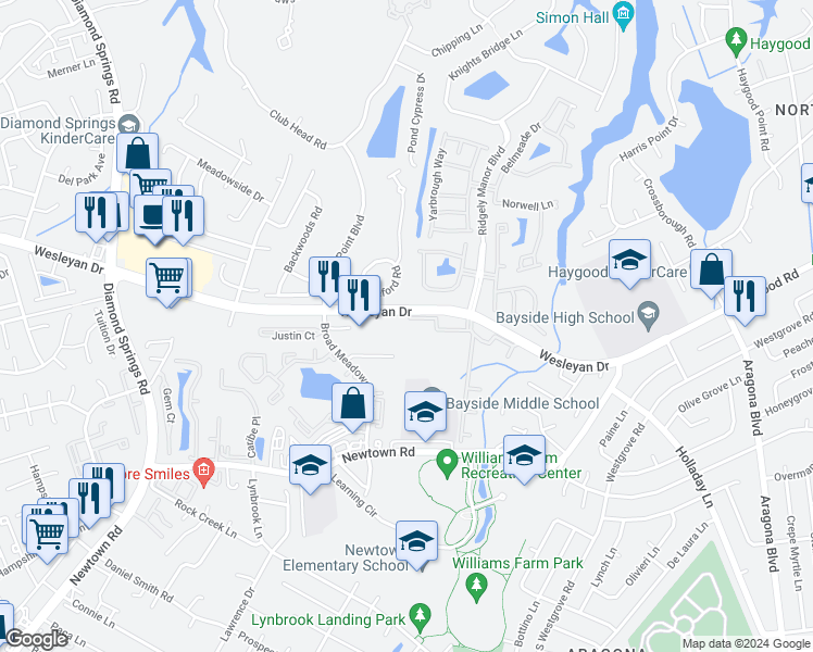 map of restaurants, bars, coffee shops, grocery stores, and more near 5329 Warminster Drive in Virginia Beach