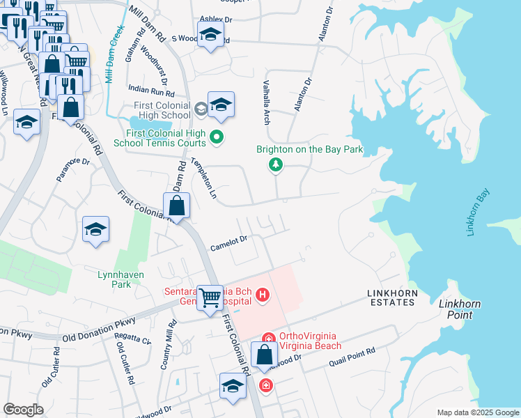 map of restaurants, bars, coffee shops, grocery stores, and more near 1809 Templeton Lane in Virginia Beach