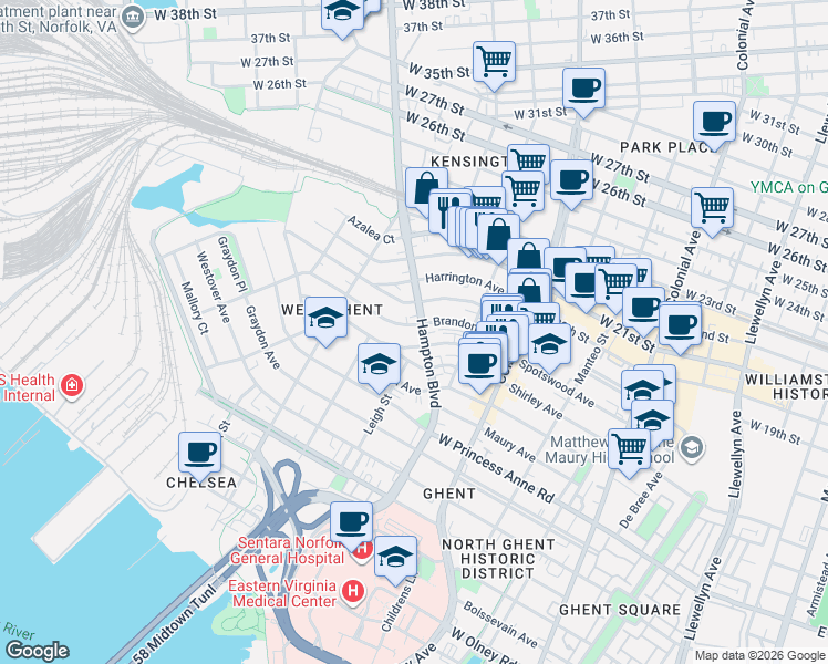 map of restaurants, bars, coffee shops, grocery stores, and more near 1702 Hampton Boulevard in Norfolk