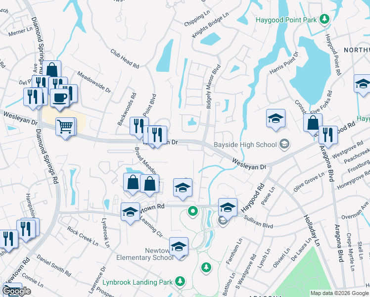 map of restaurants, bars, coffee shops, grocery stores, and more near 5321 Warminster Drive in Virginia Beach