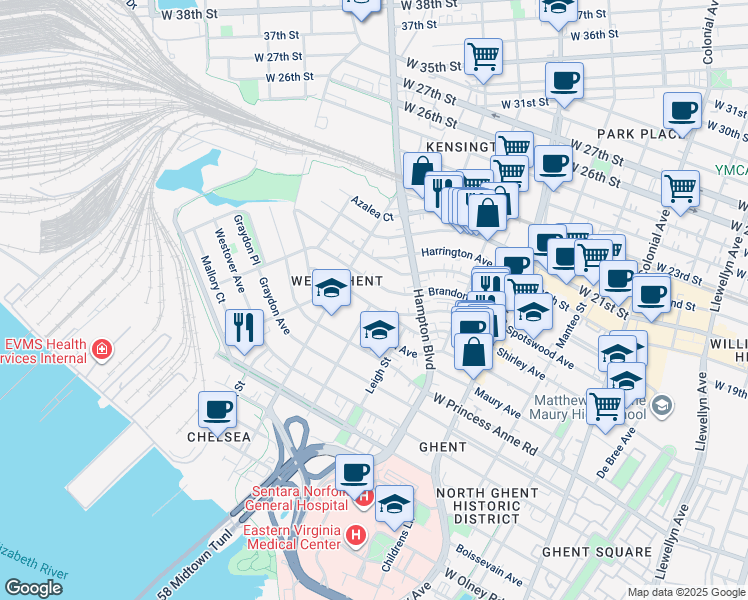 map of restaurants, bars, coffee shops, grocery stores, and more near 1118 Spotswood Avenue in Norfolk