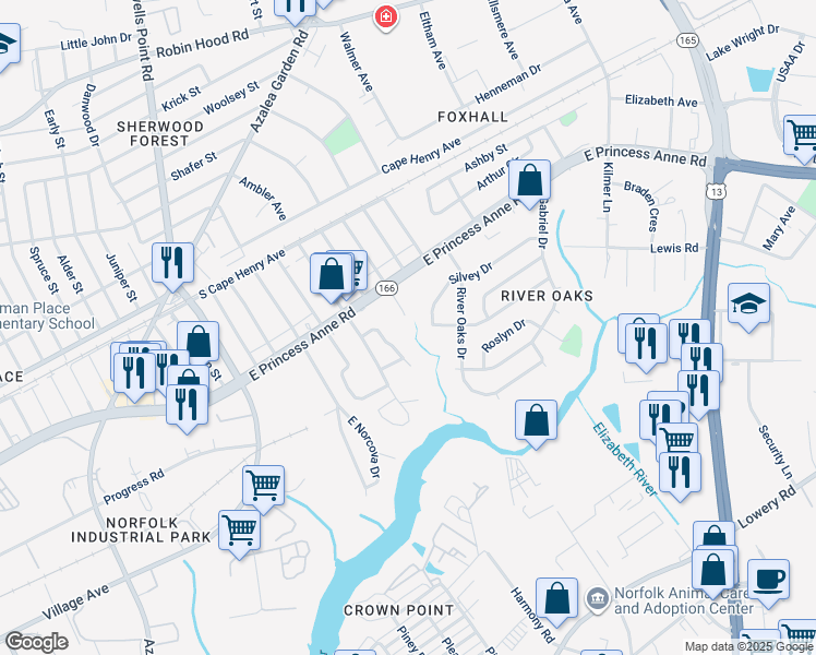 map of restaurants, bars, coffee shops, grocery stores, and more near 1401 McNeal Avenue in Norfolk