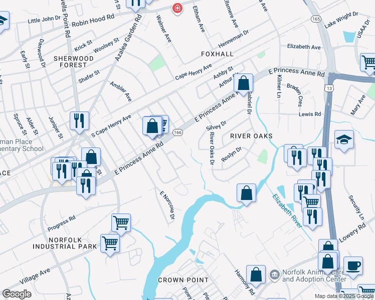 map of restaurants, bars, coffee shops, grocery stores, and more near 1401 McNeal Avenue in Norfolk