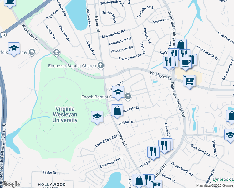 map of restaurants, bars, coffee shops, grocery stores, and more near 900 Monarch Drive in Virginia Beach