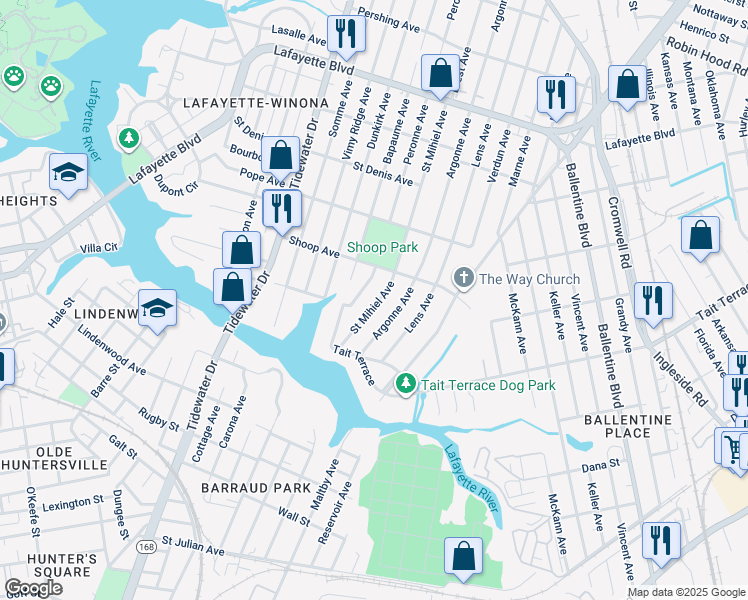 map of restaurants, bars, coffee shops, grocery stores, and more near 2725 Saint Mihiel Avenue in Norfolk