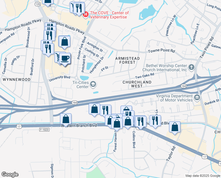 map of restaurants, bars, coffee shops, grocery stores, and more near 3956 Old Farm Road in Portsmouth