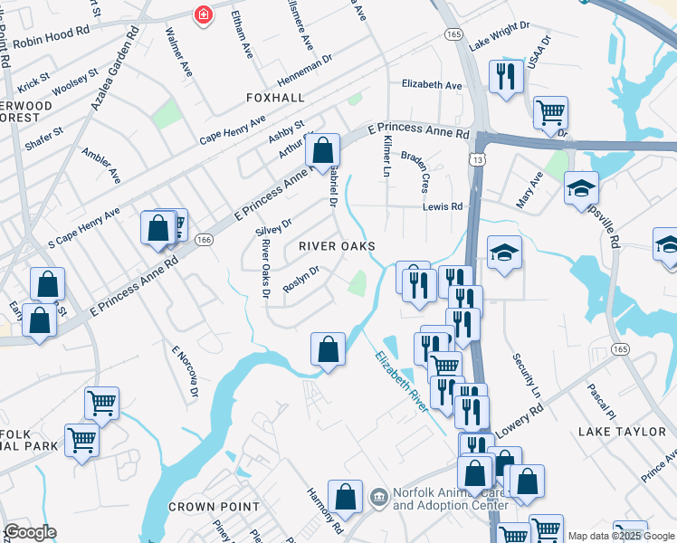 map of restaurants, bars, coffee shops, grocery stores, and more near 5376 Roslyn Drive in Norfolk
