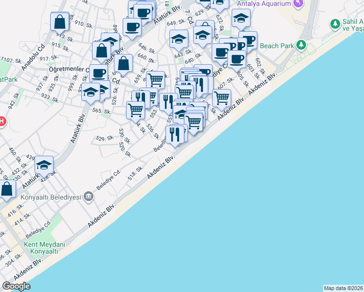 map of restaurants, bars, coffee shops, grocery stores, and more near 18 543. Sokak in Antalya