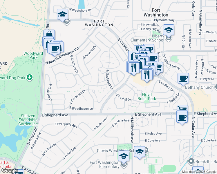 map of restaurants, bars, coffee shops, grocery stores, and more near 9245 North Bramwell Street in Fresno