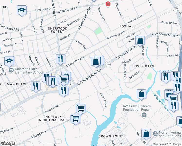 map of restaurants, bars, coffee shops, grocery stores, and more near 1517 Shelton Avenue in Norfolk