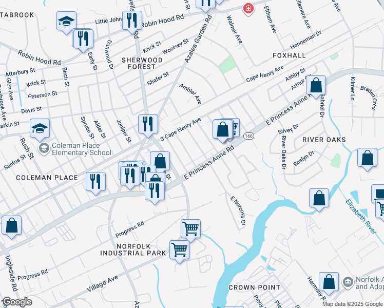 map of restaurants, bars, coffee shops, grocery stores, and more near 1529 Norcova Avenue in Norfolk