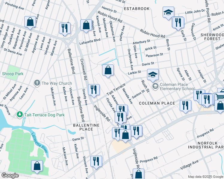 map of restaurants, bars, coffee shops, grocery stores, and more near 3500 Tait Terrace in Norfolk