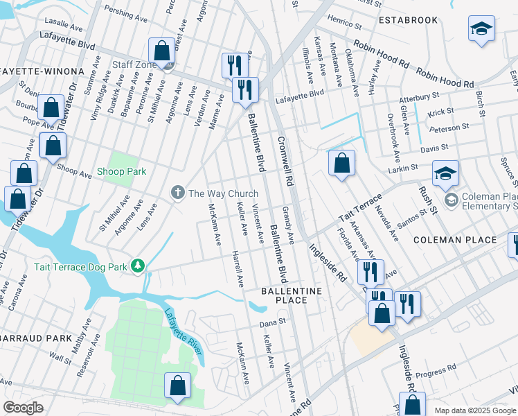map of restaurants, bars, coffee shops, grocery stores, and more near 2713 Ballentine Boulevard in Norfolk