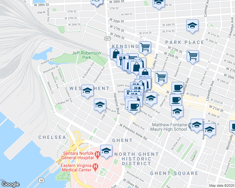map of restaurants, bars, coffee shops, grocery stores, and more near 1702 Hampton Boulevard in Norfolk