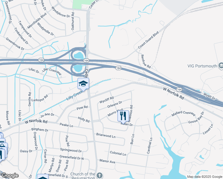 map of restaurants, bars, coffee shops, grocery stores, and more near 4824 West Norfolk Road in Portsmouth