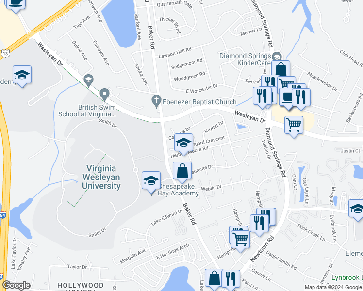 map of restaurants, bars, coffee shops, grocery stores, and more near 900 Monarch Drive in Virginia Beach