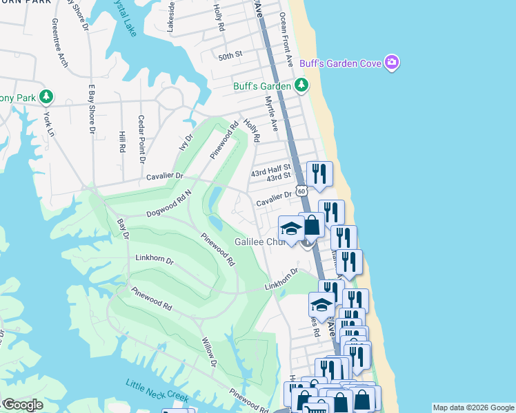 map of restaurants, bars, coffee shops, grocery stores, and more near 332 Cavalier Drive in Virginia Beach