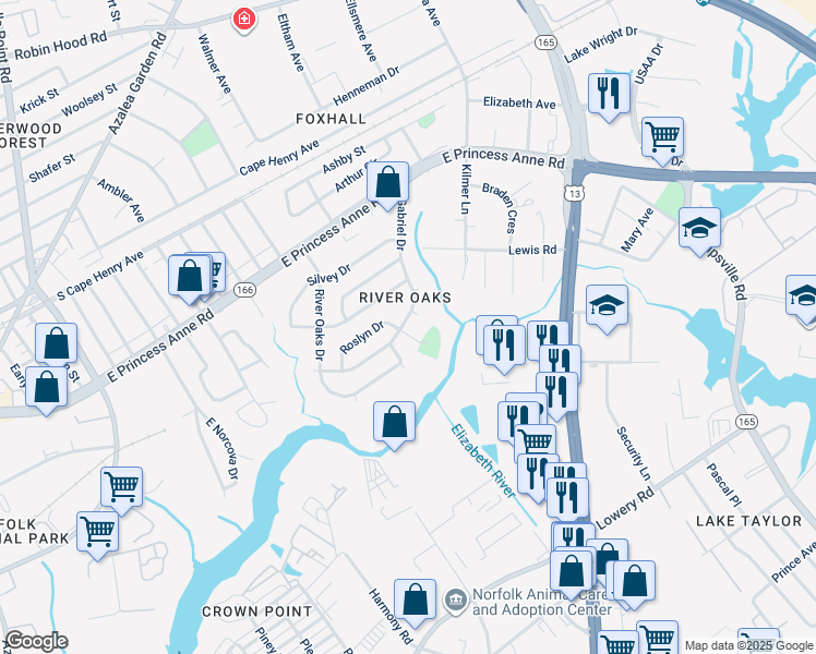 map of restaurants, bars, coffee shops, grocery stores, and more near 5376 Roslyn Drive in Norfolk