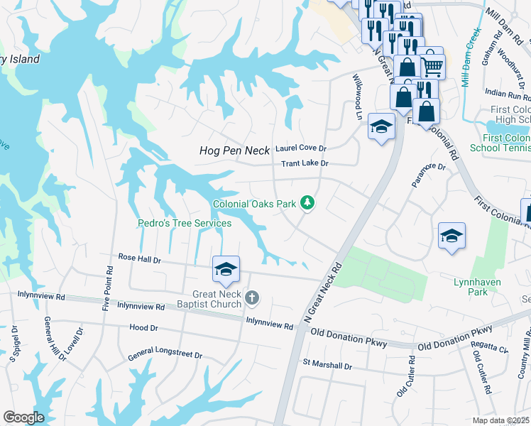 map of restaurants, bars, coffee shops, grocery stores, and more near 1273 Mossy Oaks Court in Virginia Beach