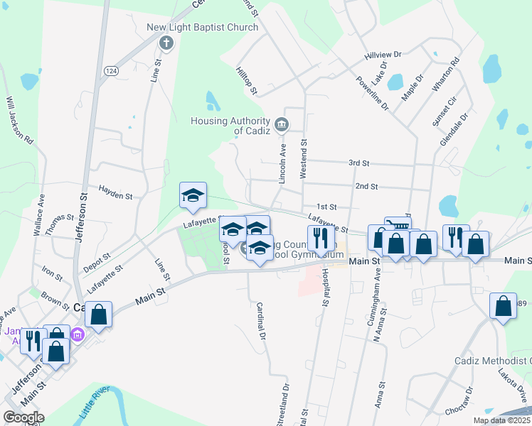 map of restaurants, bars, coffee shops, grocery stores, and more near 206 Lafayette Street in Cadiz