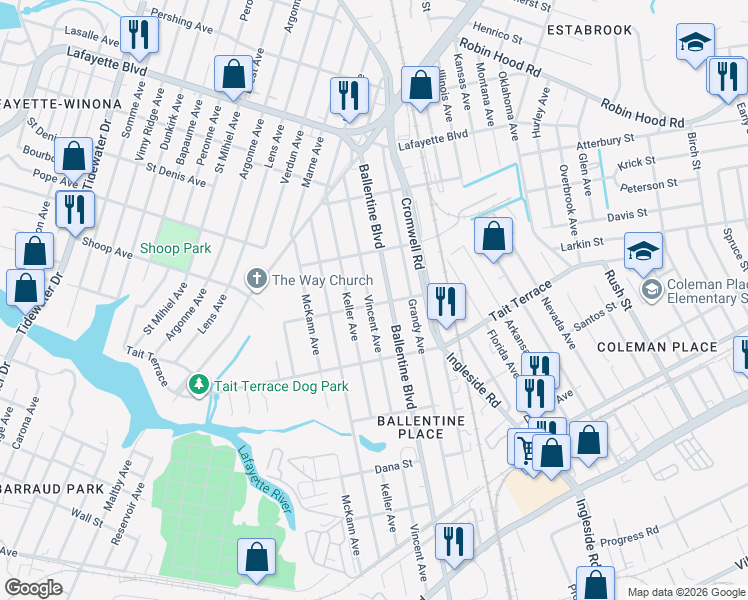 map of restaurants, bars, coffee shops, grocery stores, and more near 2713 Ballentine Boulevard in Norfolk