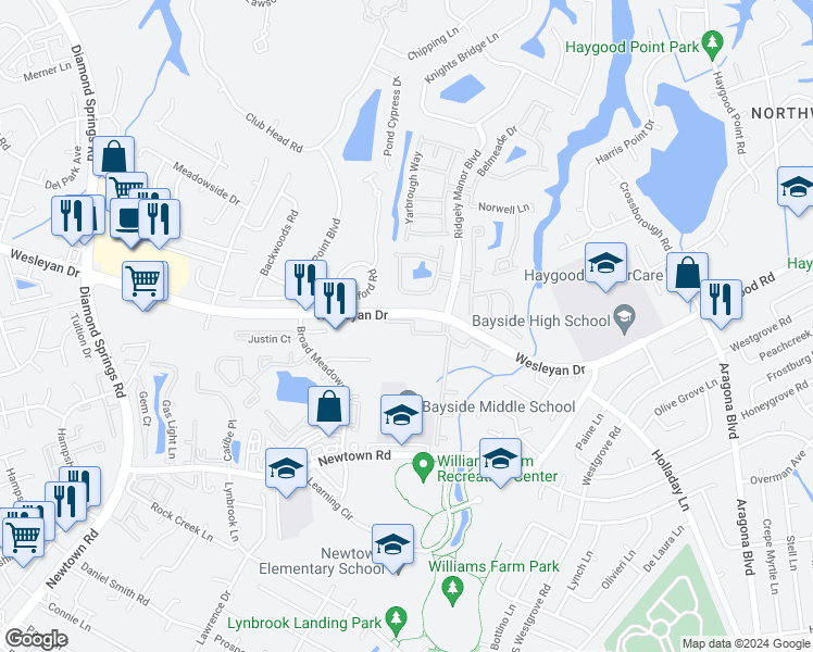 map of restaurants, bars, coffee shops, grocery stores, and more near 5317 Warminster Drive in Virginia Beach