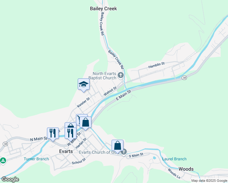 map of restaurants, bars, coffee shops, grocery stores, and more near 390 Kelly Street in Evarts