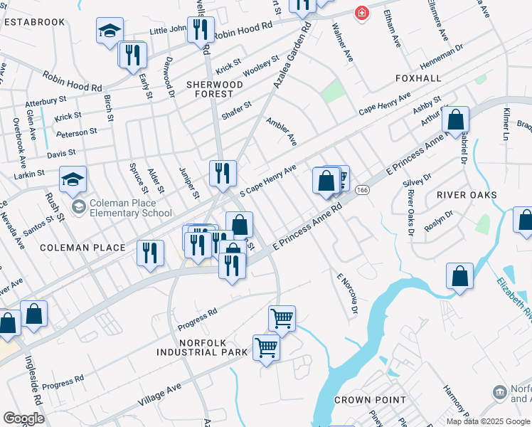 map of restaurants, bars, coffee shops, grocery stores, and more near 1540 Miltate Avenue in Norfolk