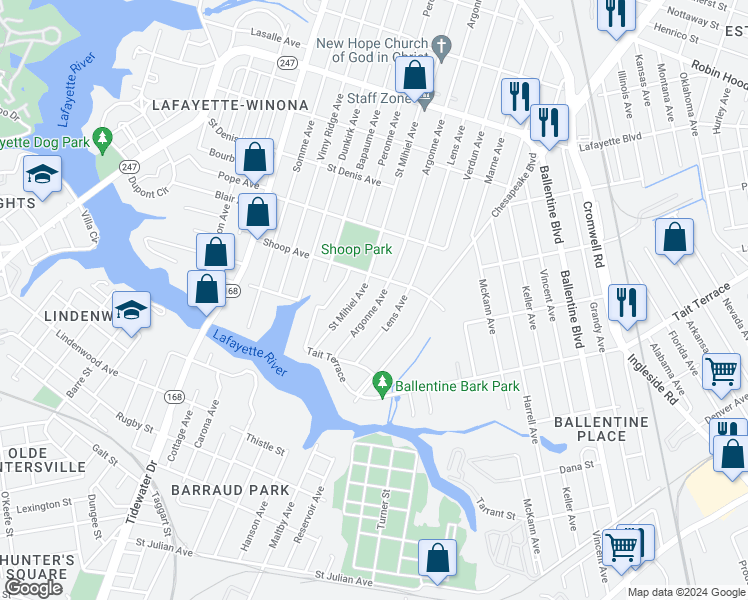 map of restaurants, bars, coffee shops, grocery stores, and more near 2721 Argonne Avenue in Norfolk