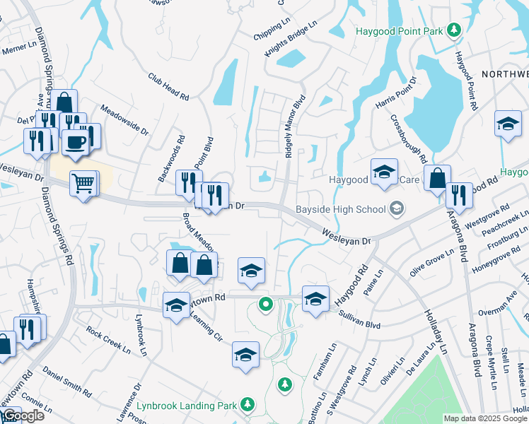 map of restaurants, bars, coffee shops, grocery stores, and more near 5304 Warminster Drive in Virginia Beach
