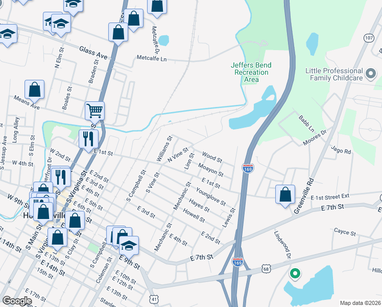 map of restaurants, bars, coffee shops, grocery stores, and more near 120-130 North Vine Street in Hopkinsville