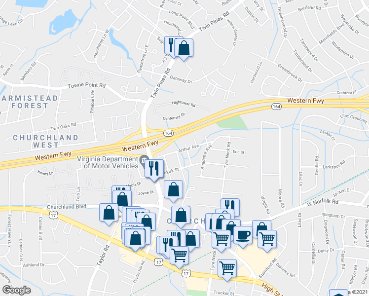 map of restaurants, bars, coffee shops, grocery stores, and more near 6104 Arthur Ave in Portsmouth