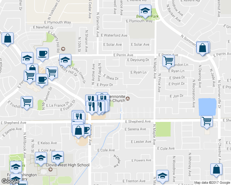 map of restaurants, bars, coffee shops, grocery stores, and more near 1665 East Morningstar Lane in Fresno