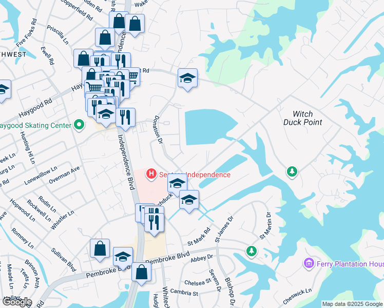 map of restaurants, bars, coffee shops, grocery stores, and more near 4408 Monmouth Castle Road in Virginia Beach