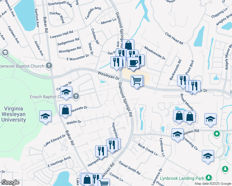 map of restaurants, bars, coffee shops, grocery stores, and more near 845 Tuition Drive in Virginia Beach