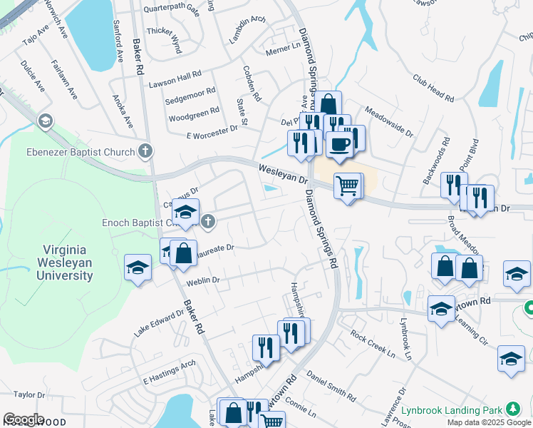 map of restaurants, bars, coffee shops, grocery stores, and more near 5557 Frog Pond Lane in Virginia Beach