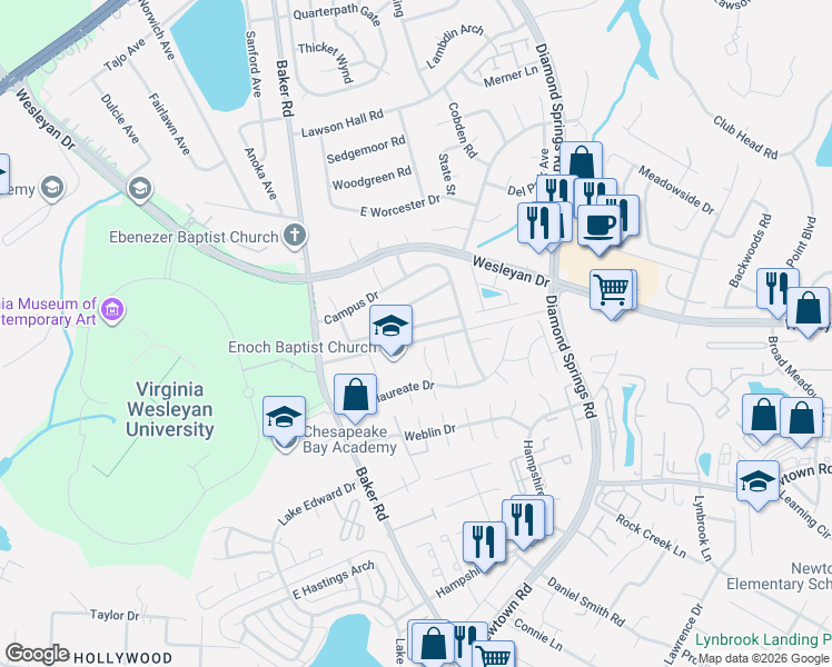 map of restaurants, bars, coffee shops, grocery stores, and more near 5569 Keydet Drive in Virginia Beach