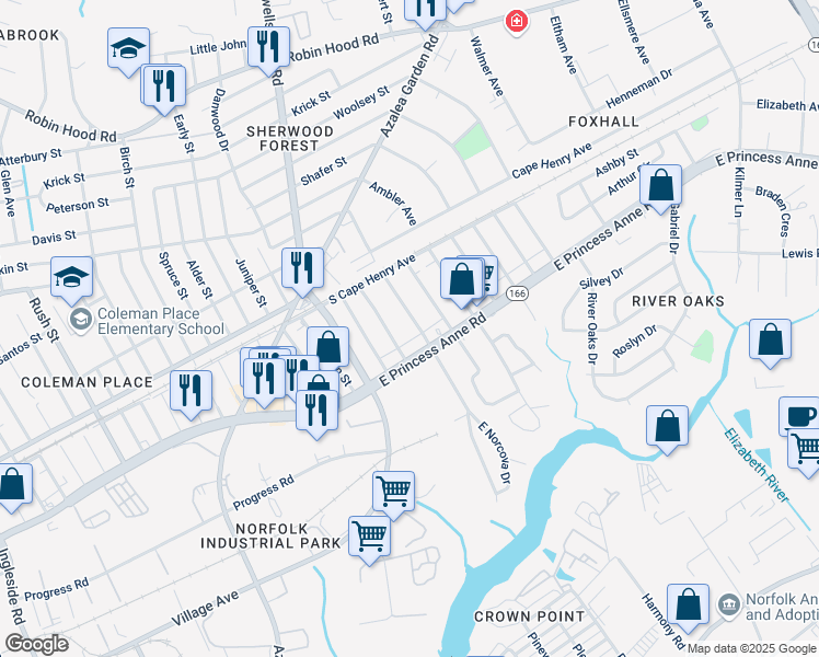 map of restaurants, bars, coffee shops, grocery stores, and more near 1529 Norcova Avenue in Norfolk