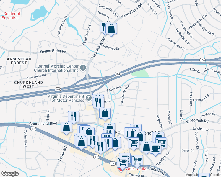 map of restaurants, bars, coffee shops, grocery stores, and more near 6201 Arthur Avenue in Portsmouth