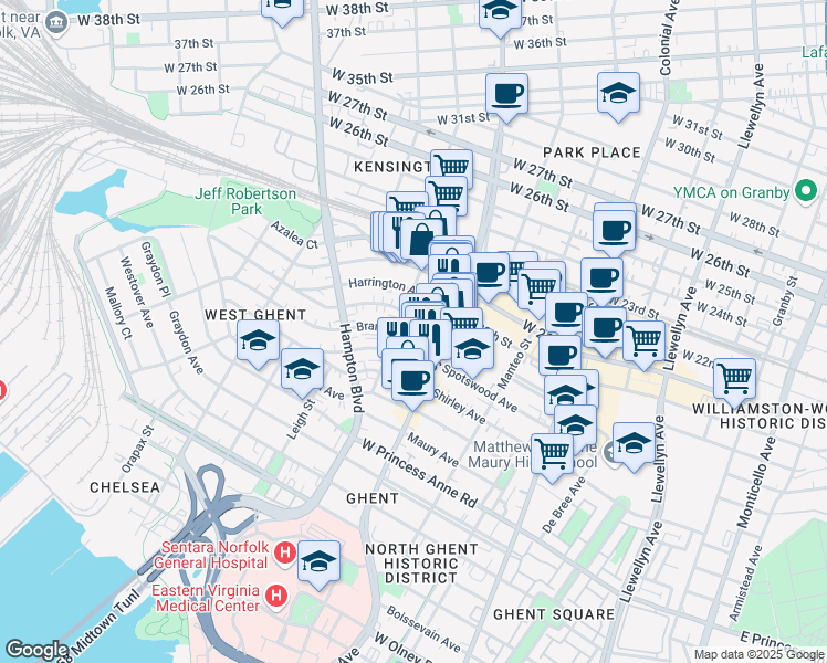 map of restaurants, bars, coffee shops, grocery stores, and more near 824 Brandon Avenue in Norfolk