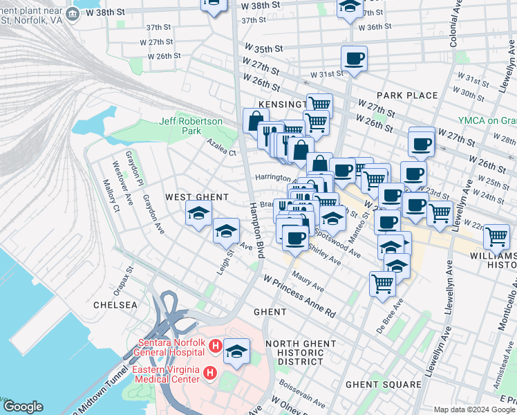 map of restaurants, bars, coffee shops, grocery stores, and more near 1614 Hampton Boulevard in Norfolk