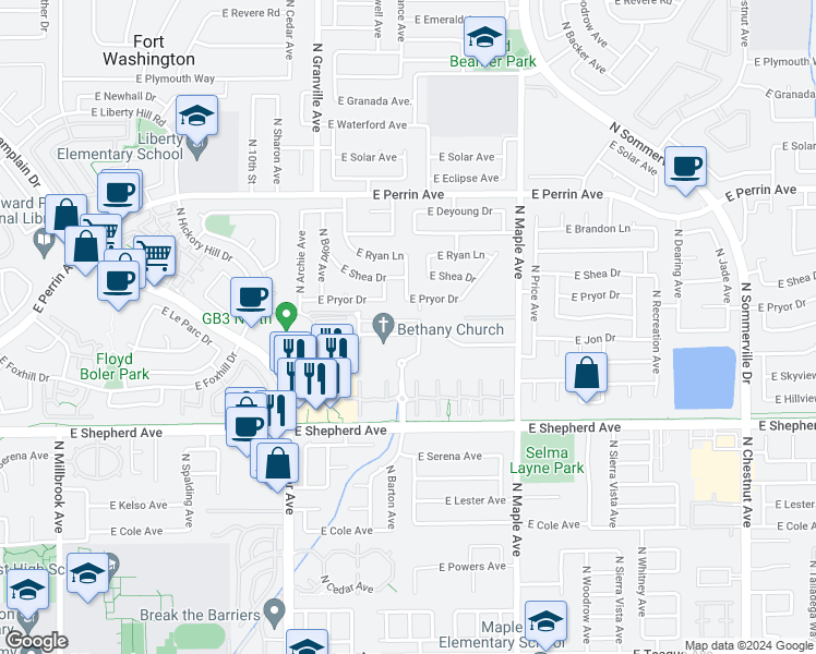map of restaurants, bars, coffee shops, grocery stores, and more near 1721 East Morningstar Lane in Fresno