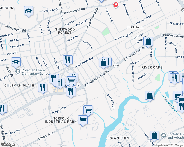 map of restaurants, bars, coffee shops, grocery stores, and more near 1529 Norcova Avenue in Norfolk