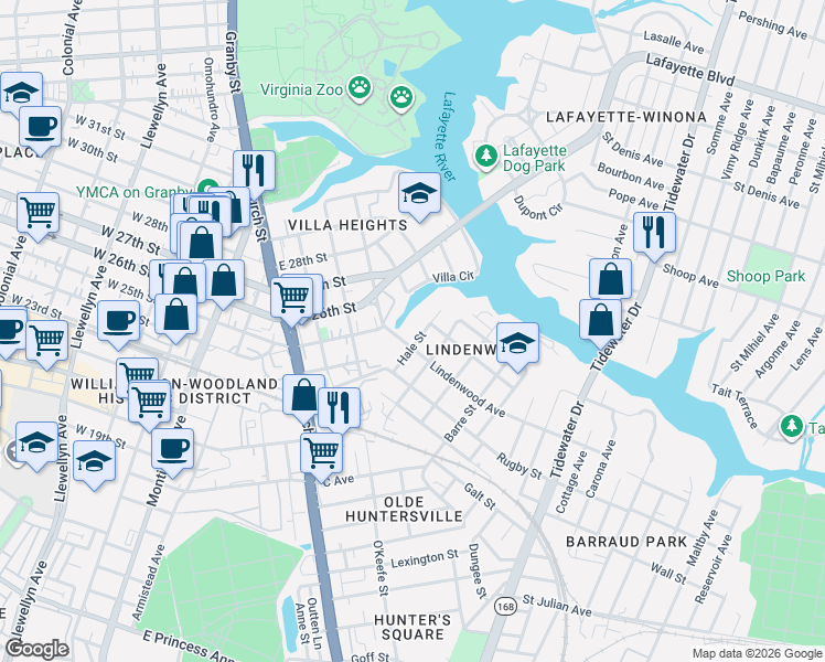 map of restaurants, bars, coffee shops, grocery stores, and more near 2527 Hale Street in Norfolk