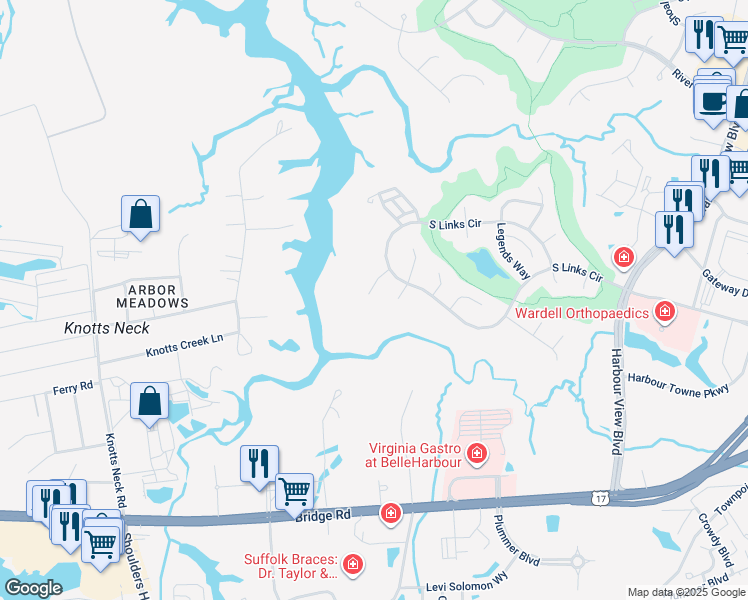 map of restaurants, bars, coffee shops, grocery stores, and more near 5309 Doral Woods Court in Suffolk